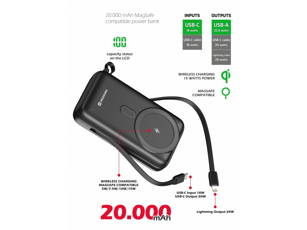 Swissten 20K Magnetic MagSafe Power Bank 20.000mAh Qi2 15W with 2 Built-in USB-C & Lightning Cables – Black – view 3