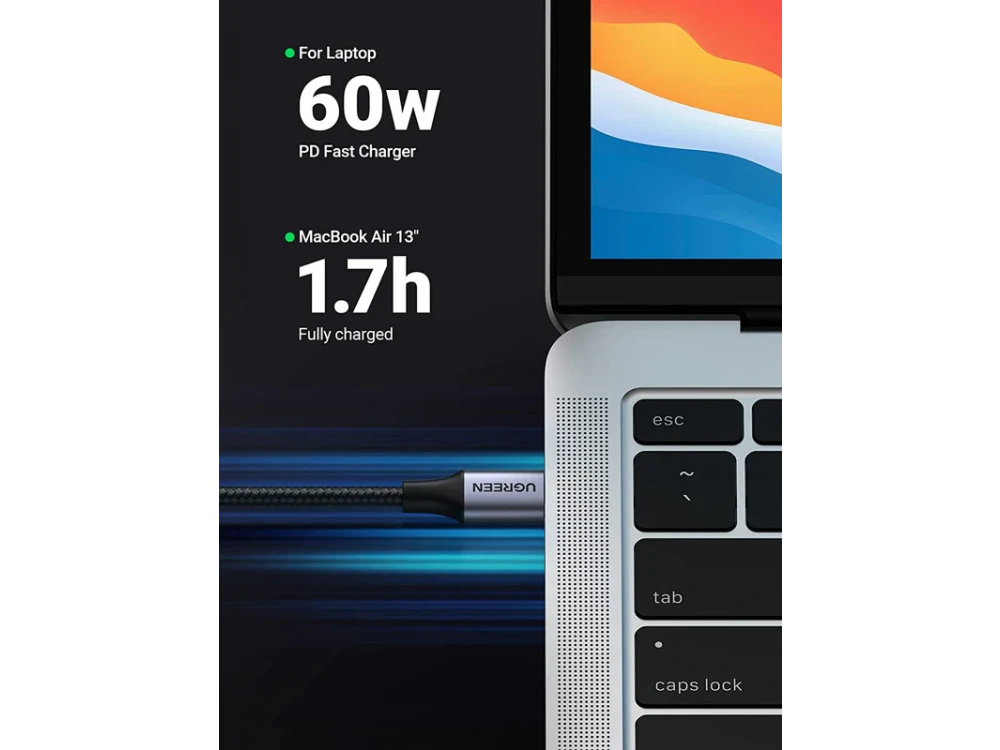 Ugreen 90° USB-C to USB-C Cable 2m – L-Shaped, 60W, 480Mbps, Nylon Braided, Black – view 3