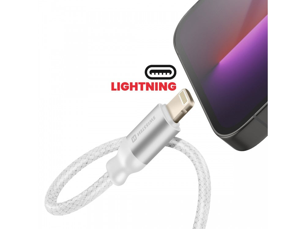 Swissten Textile Lightning Splitter – Lightning Male to 2× Lightning Female Audio + Charging, 12cm, White – view 3