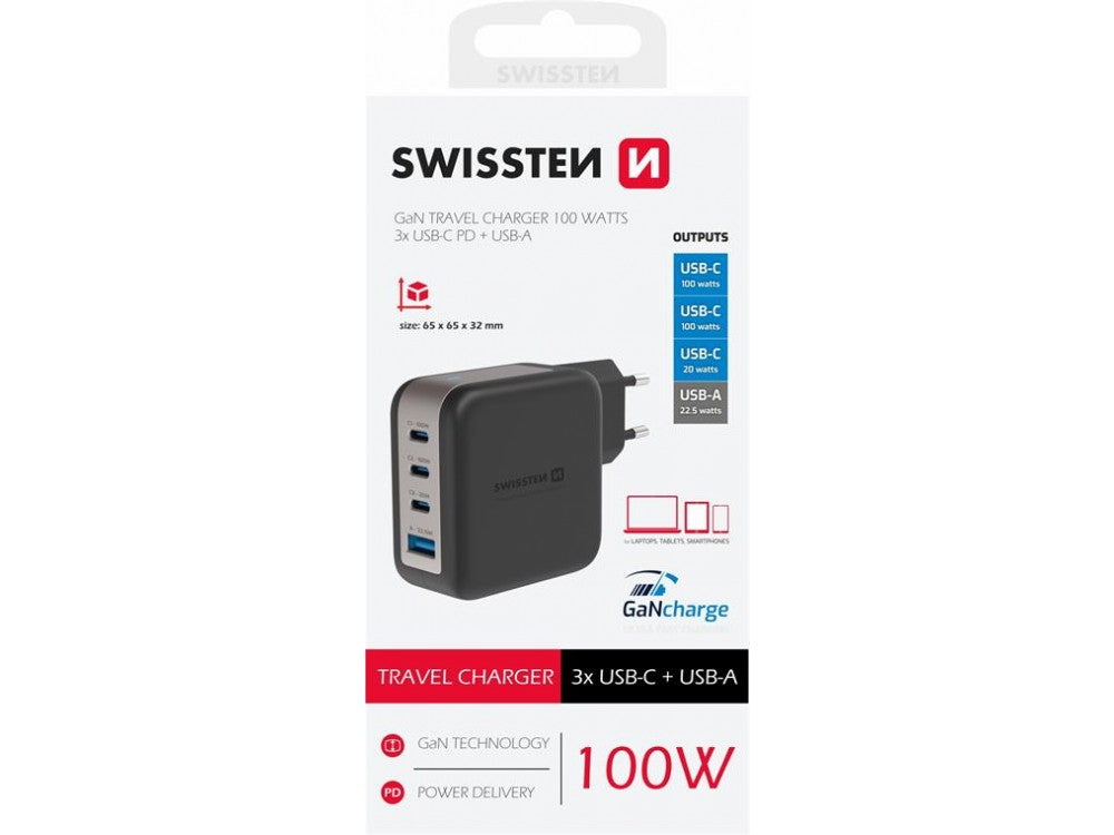 Swissten GaN 100W 4-Port Wall Charger – 3× USB-C, USB-A, PD/PPS, Black – view 3
