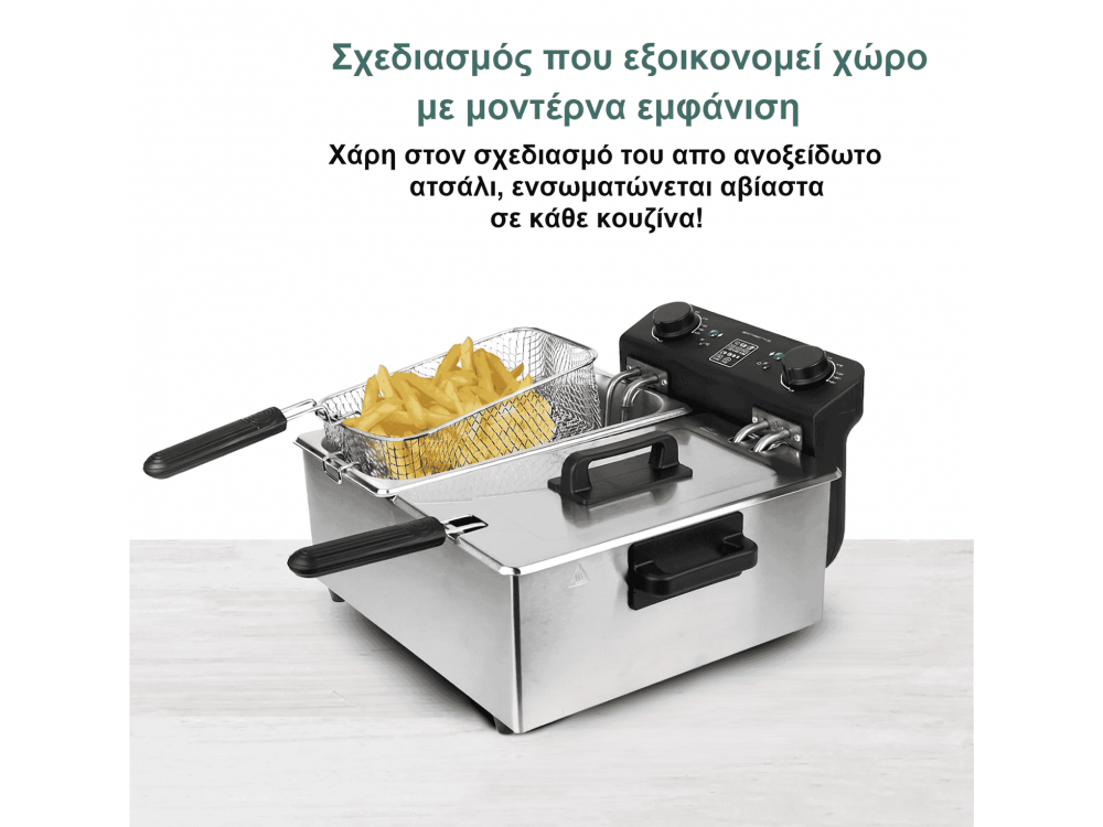 Emerio Dual Chamber Oil Fryer 3300W – 2× 3L Stainless Steel Tanks, PFAS-Free, Cold Zone, Silver – view 3
