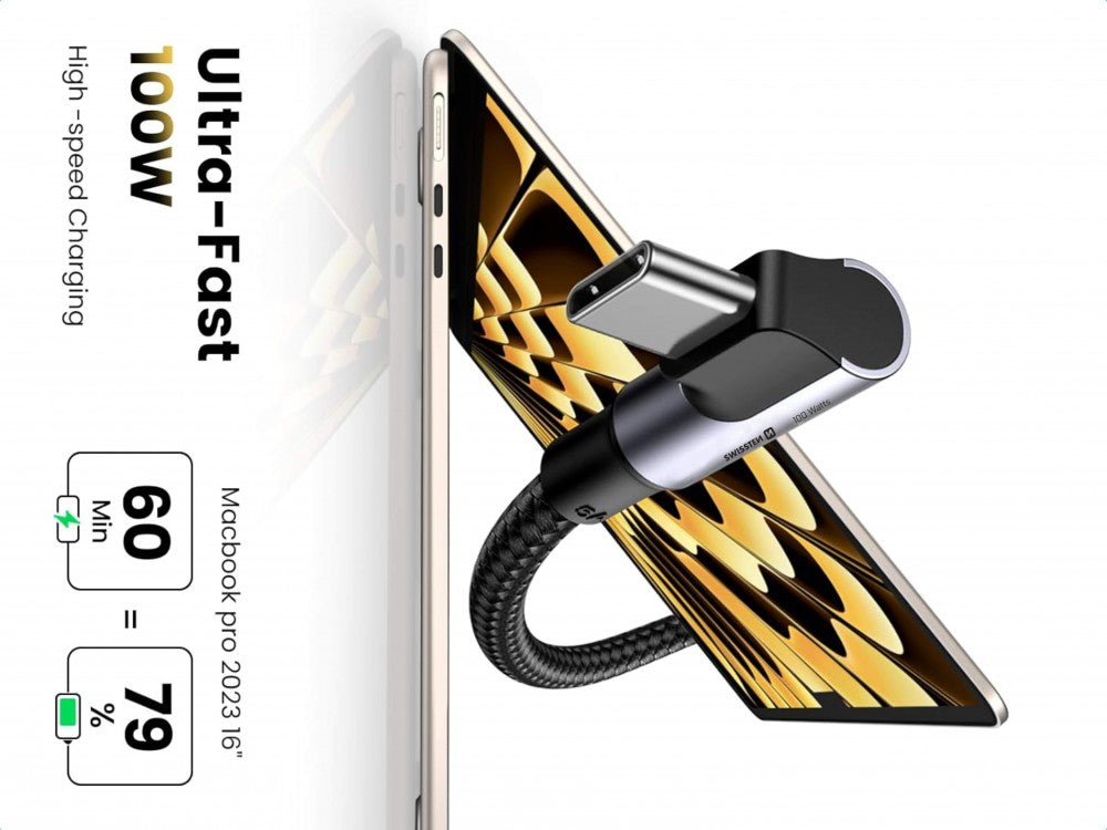 Swissten Arcade USB-C to USB-C 90° Right Angle Cable 2m 100W – Nylon Braided, Black – view 3