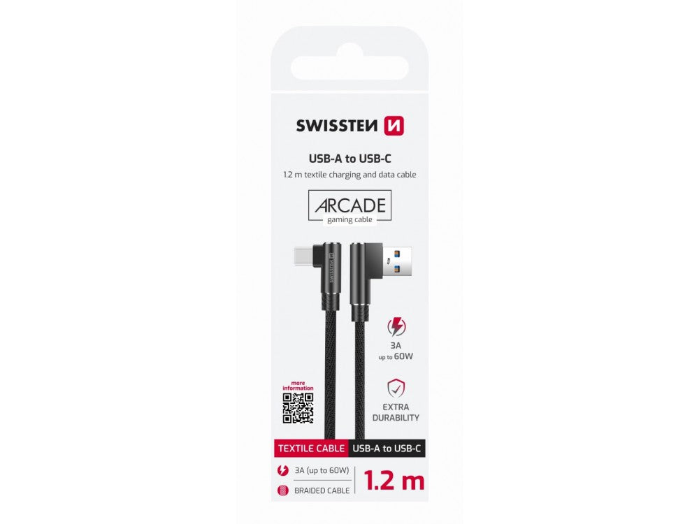 Swissten Arcade 90° USB-C Cable 1.2m – Nylon Braided, Fast Charge, Black – view 3