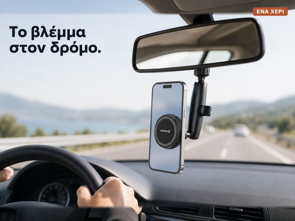 Swissten Rearview Mirror Magnetic Car Phone Holder – MagSafe Compatible, Adjustable, Black – view 3