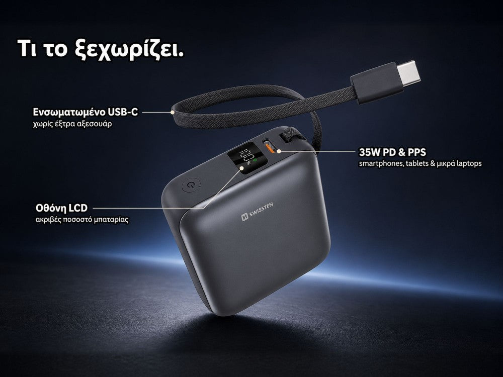 Swissten Space Power Bank 10000mAh 35W – LCD Display, USB-C + Built-in USB-C Cable, Silver – view 3
