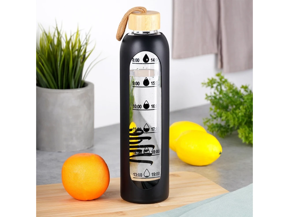 Vilde Glass Water Bottle 1L with Time Markings, Airtight Bamboo Lid & Silicone Sleeve – Black – view 3