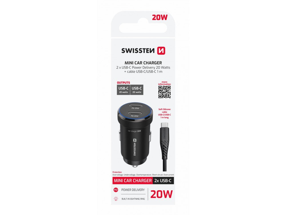 Swissten Car Charger 20W – Dual USB-C PD 3.0 with USB-C Cable, Black – view 3