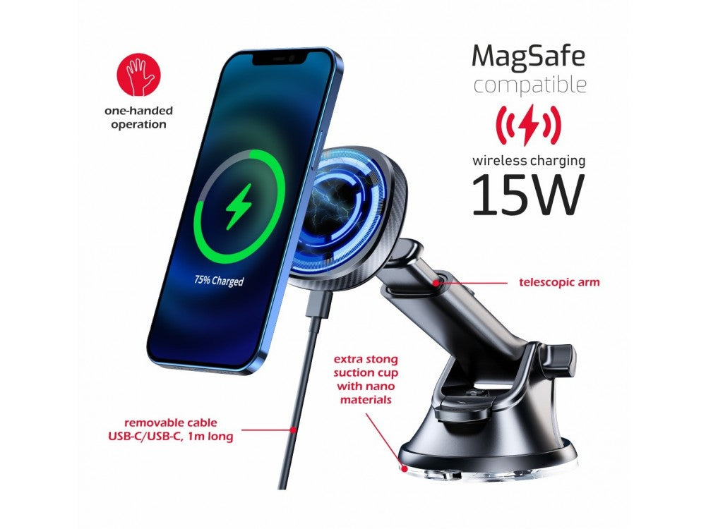 Swissten Magnetic Car Phone Mount – 15W MagSafe Qi Wireless Charger, Dashboard / Windshield – view 3