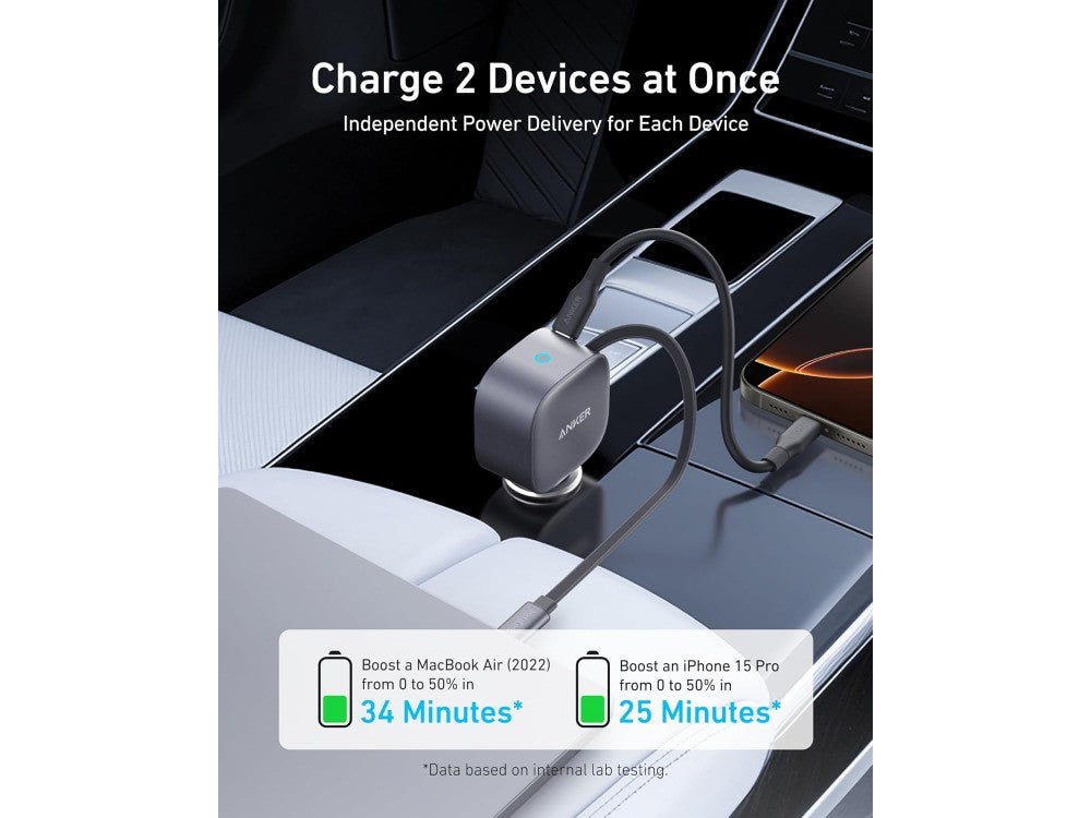 Anker Nano Car Charger 75W – Retractable USB-C Cable + USB-C Port, Grey – view 3
