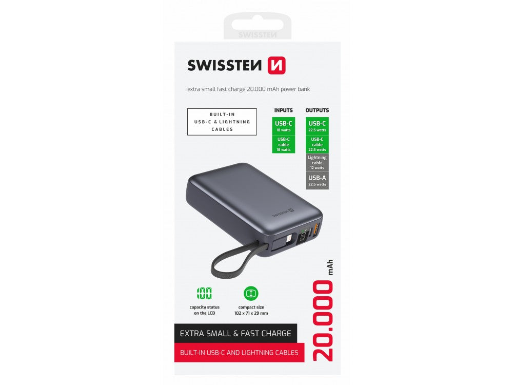 Swissten Space Power Bank 20.000mAh 22.5W with USB-A, USB-C & 2 Built-in USB-C and Lightning Cables – Black – view 3