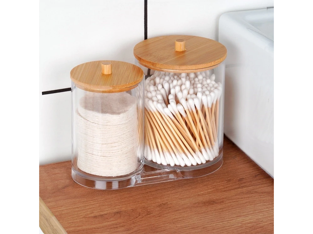 Vilde Double Cotton Swab & Pad Container with Bamboo Lids – 15×9×12.5 cm Acrylic Set – view 3