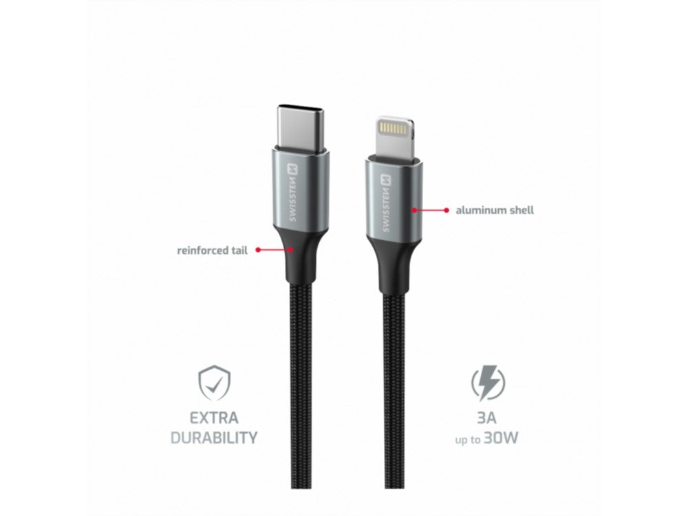 Swissten Durable Textile II USB-C to Lightning Cable 1.5m – Nylon Braided, Black – view 3