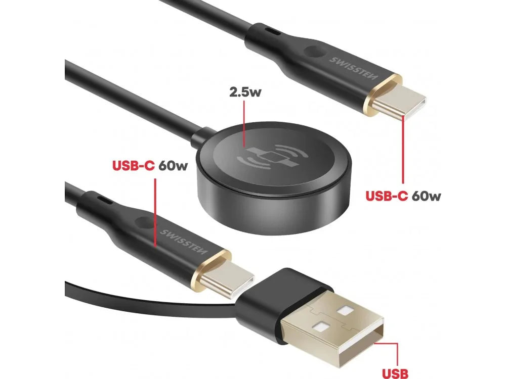 Swissten 2-in-1 Magnetic Charging Cable – Galaxy Watch + USB-C 60W with USB-A Adapter, 1.2m – view 3