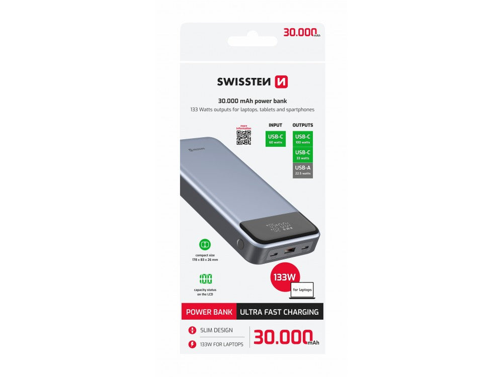 Swissten Power Bank 30000mAh 133W – USB-C PD 100W + USB-C PD 33W + USB-A QC 22.5W, Grey – view 3