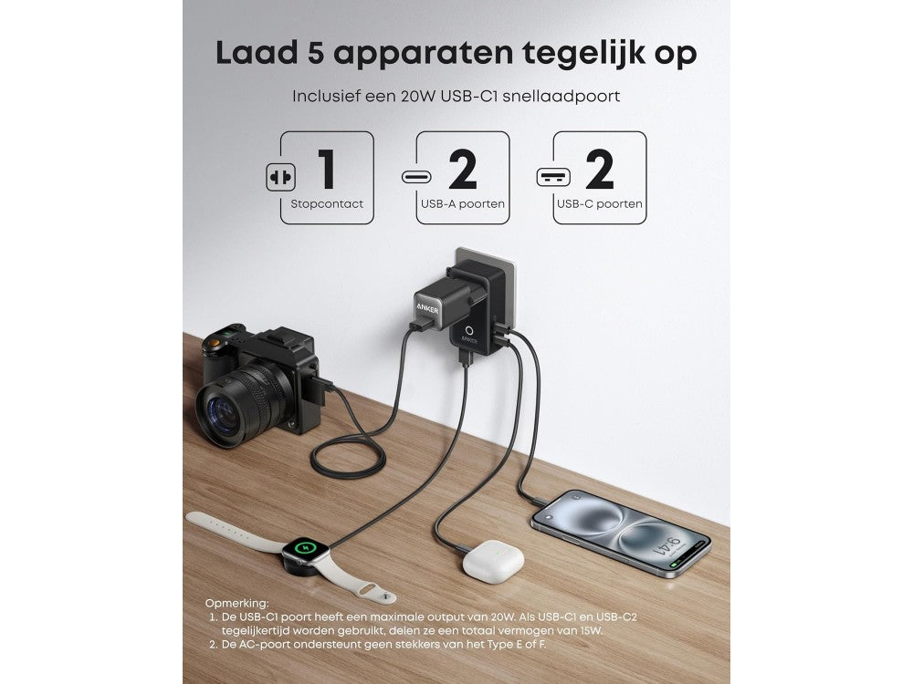 Anker Nano Travel Adapter 5-in-1 20W with USB-C PD & 2× USB-A, Black – view 3