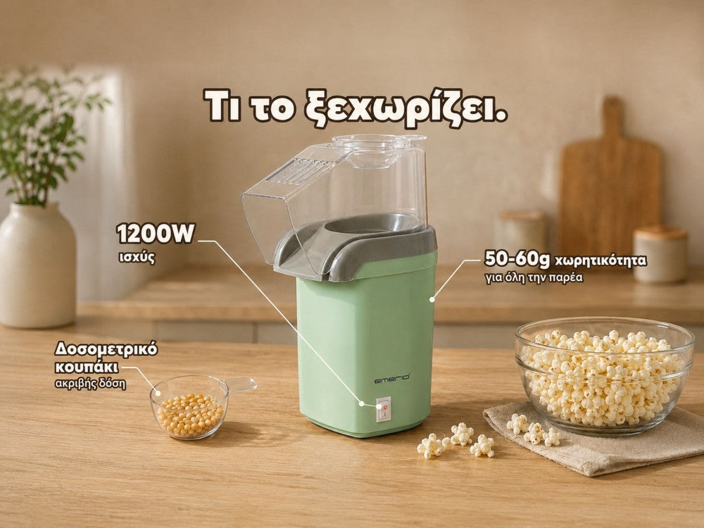Emerio Popcorn Maker 1200W – Hot-Air Popcorn Machine for Healthy Snacks, Green – view 4