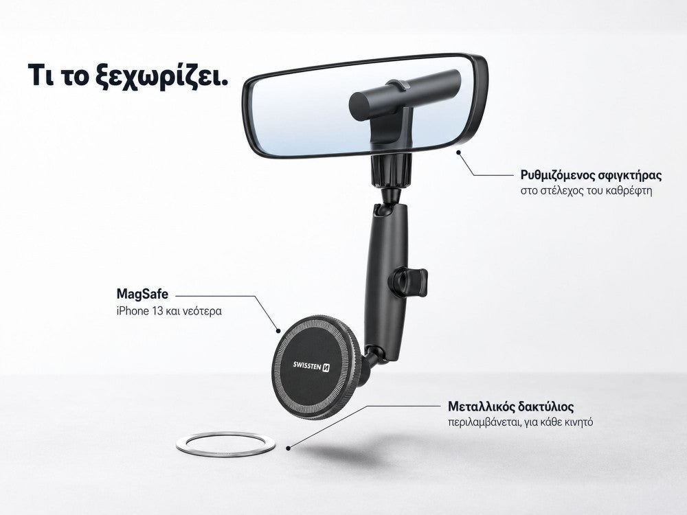 Swissten Rearview Mirror Magnetic Car Phone Holder – MagSafe Compatible, Adjustable, Black – view 4