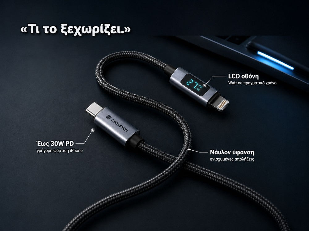 Swissten USB-C to Lightning Cable 1.5m 30W with LCD Display – Nylon Braided, Black – view 4
