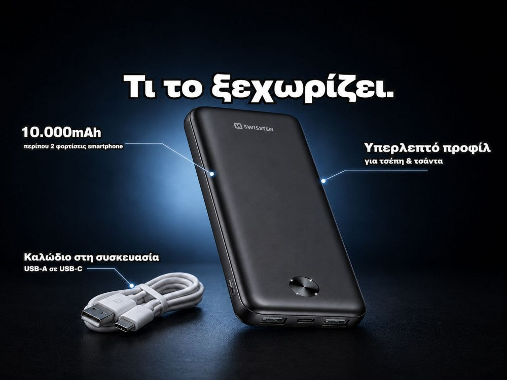 Swissten WORX Pro 10000mAh USB-C Power Bank – Slim 1.6cm, 2 USB-A Ports, Black – view 4
