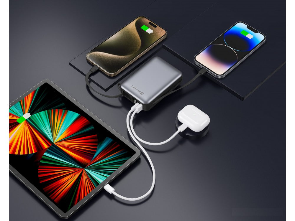 Swissten Space Power Bank 20.000mAh 22.5W with USB-A, USB-C & 2 Built-in USB-C and Lightning Cables – Black – view 4
