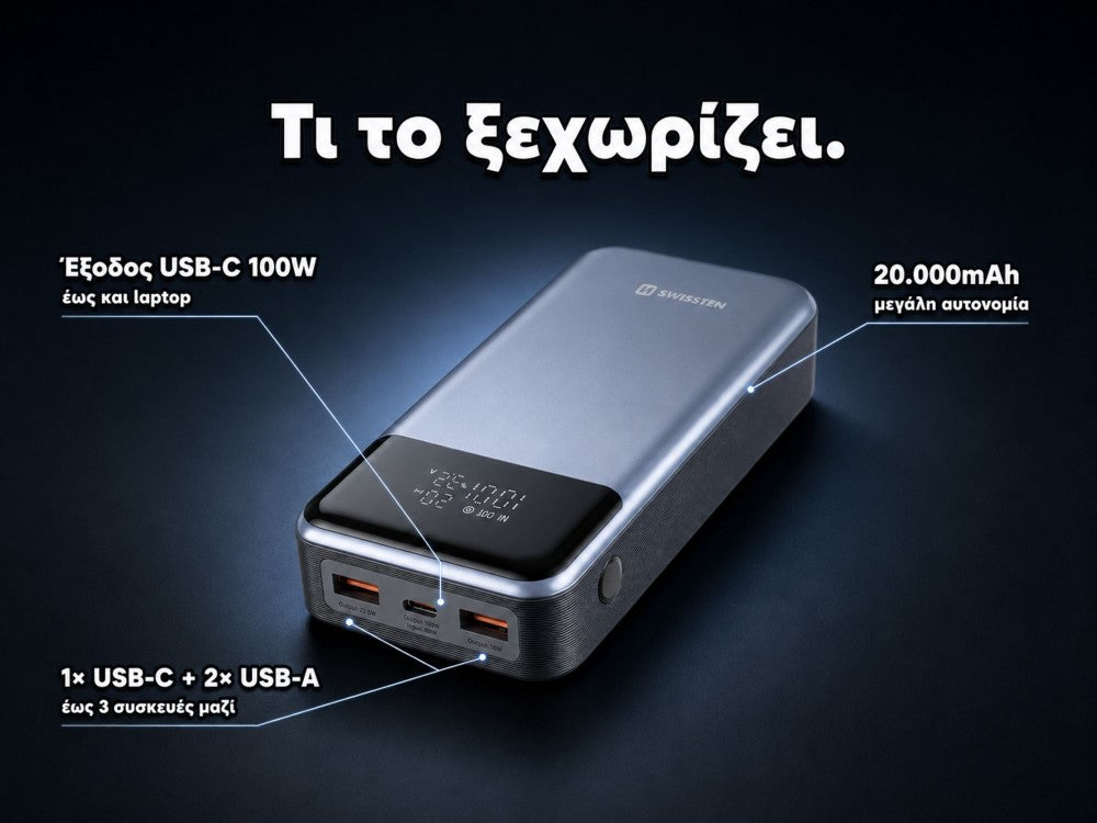 Swissten Laptop Power Bank 20000mAh 100W – USB-C PD + 2× USB-A QC 3.0, Grey – view 4