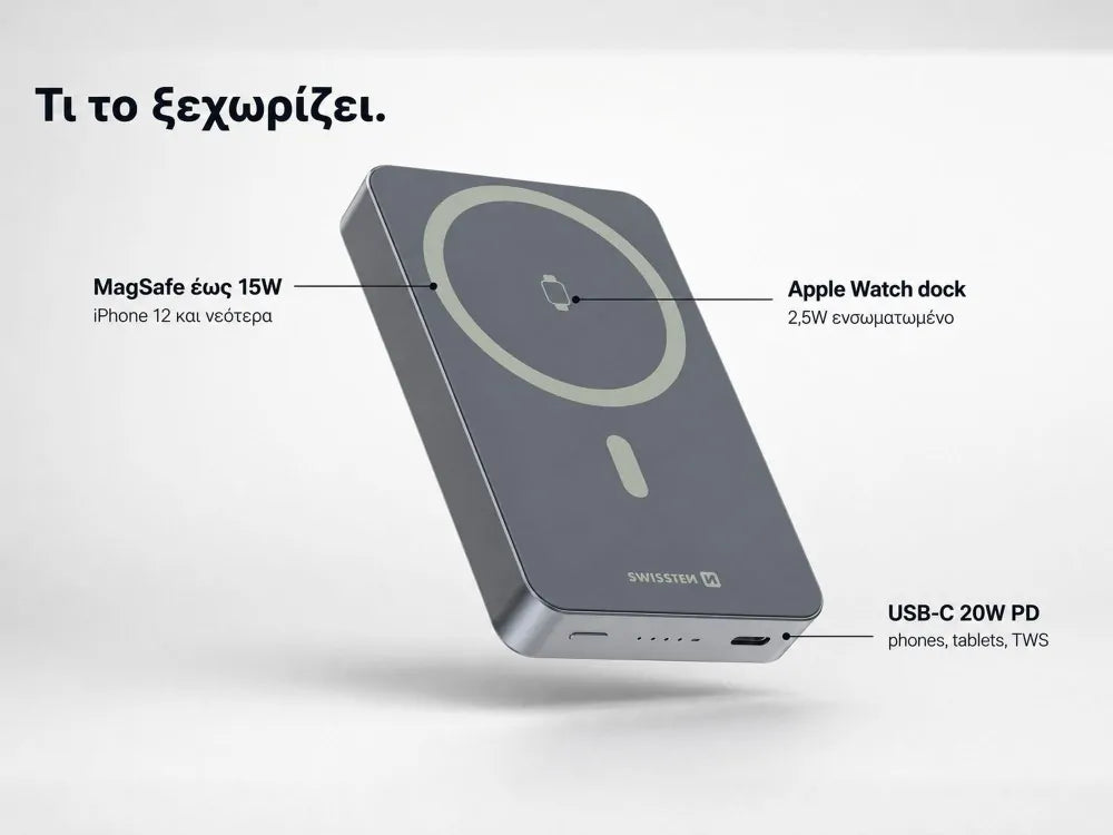 Swissten Fusion MagSafe Power Bank 10000mAh – USB-C 20W + 15W Wireless + Apple Watch Charger, Silver – view 4