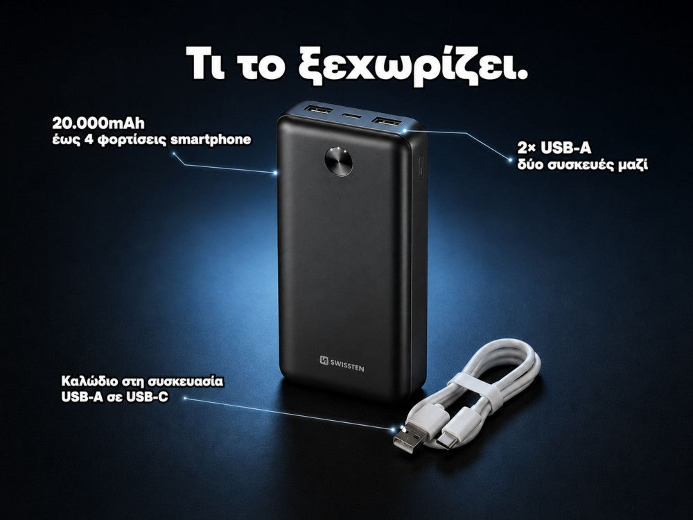 Swissten WORX Pro 20000mAh USB-C Power Bank – 2 USB-A, LED Status, Black – view 4