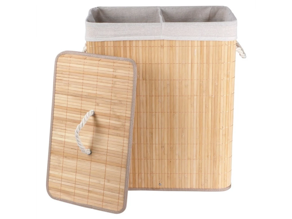 Vilde Bamboo Laundry Basket 90L 50×30.5×60.5cm – 2-Compartment with Lid, Beige – view 4