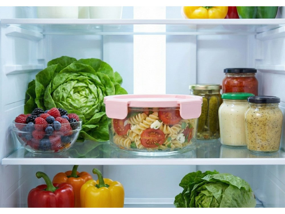 AJ Glass Food Container Round 420ml – Airtight, Pink Lid – view 4