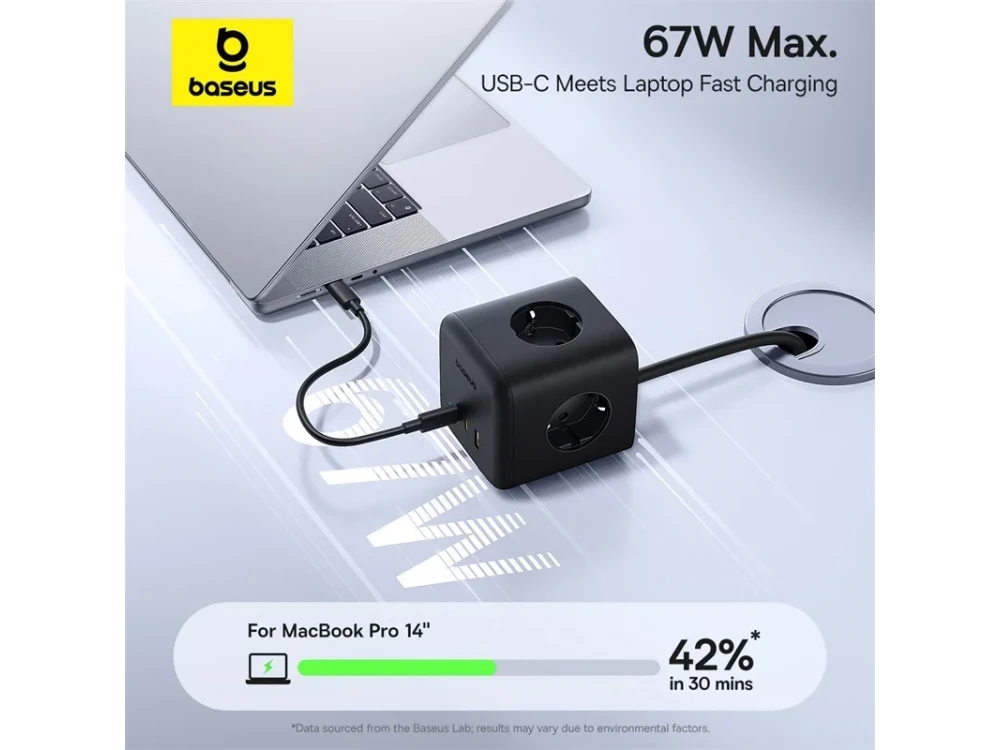 Baseus EnerFill FA11 GaN Cube Power Strip – 3 AC + 2 USB-C 67W PD + USB-A 18W, Black – view 4