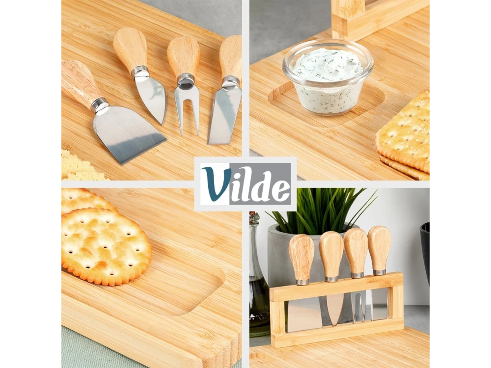 Vilde Premium Bamboo Cheese Board with 4 Knives – Serving Platter Set – view 4