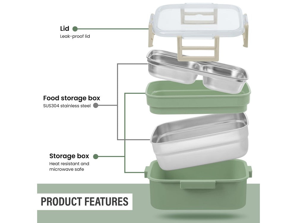 AJ O-Bento 2-Tier Insulated Lunch Box 1200ml – SUS304, Green/Khaki – view 4