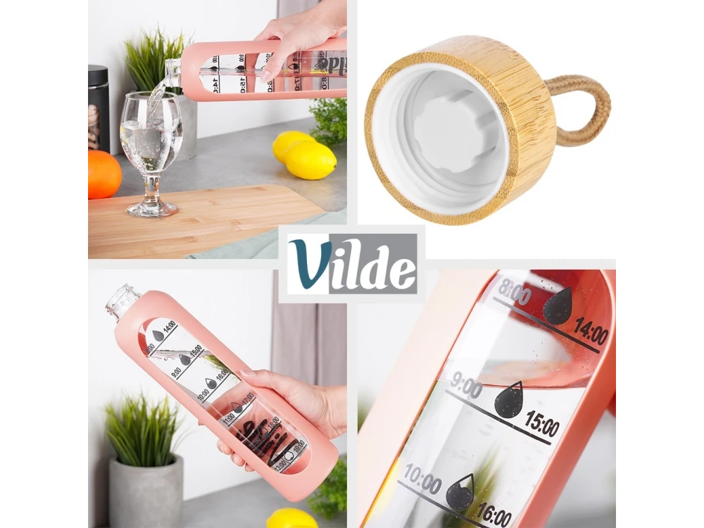 Vilde Glass Water Bottle 1L with Time Markings, Airtight Bamboo Lid & Silicone Sleeve – Pink – view 4