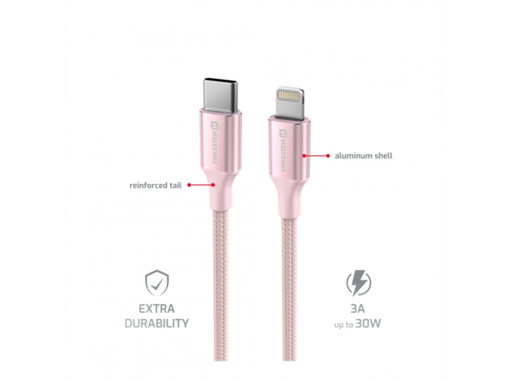 Swissten Durable Textile II USB-C to Lightning Cable 1.5m 30W – Nylon Braided, Pink – view 4