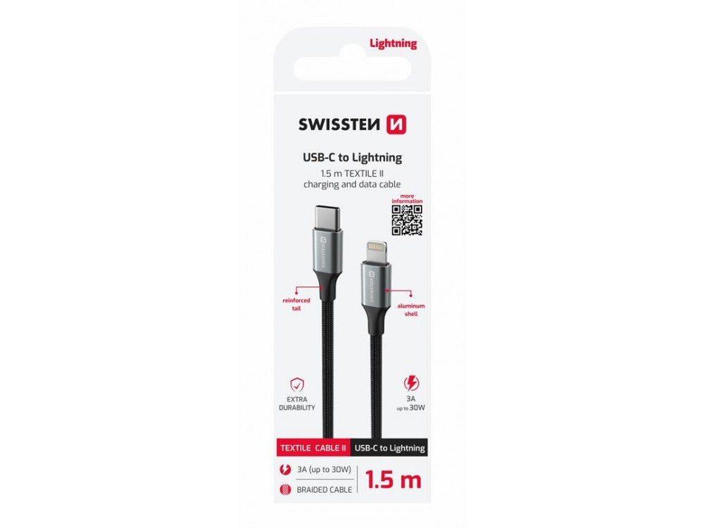 Swissten Durable Textile II USB-C to Lightning Cable 1.5m – Nylon Braided, Black – view 4