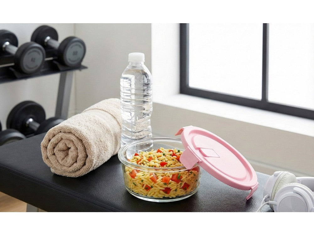 AJ Glass Food Container Round 660ml 15x6cm – Airtight, Pink Lid – view 4