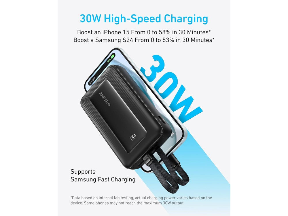Anker Zolo Power Bank 20,000mAh 30W – 2 Built-in Cables (USB-C + Lightning MFi), USB-A & USB-C, White – view 4