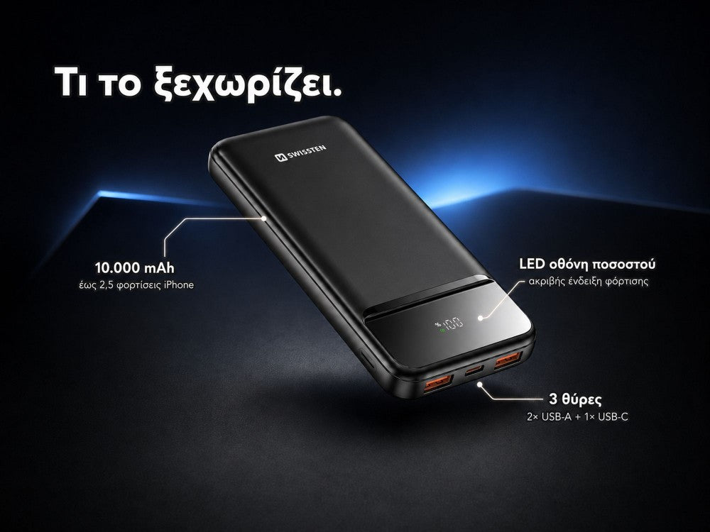 Swissten Power Line II 10000mAh 22.5W PD Power Bank – 3 Ports, LED %, Black – view 4