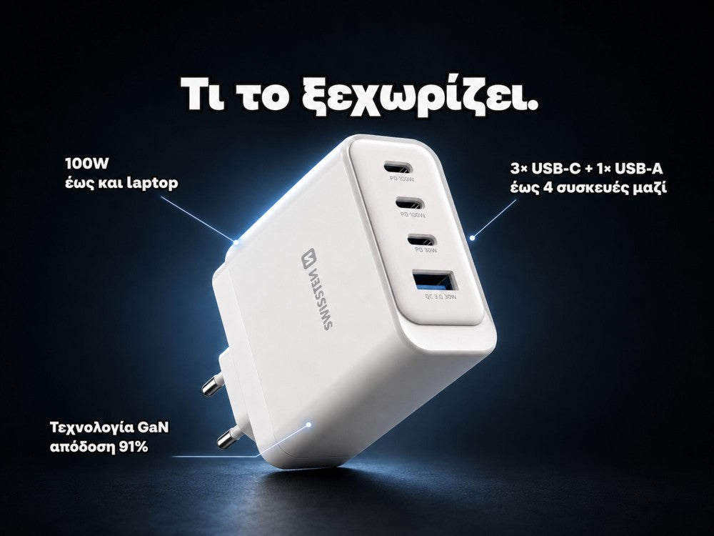 Swissten Core 100W GaN Wall Charger – 3× USB-C + USB-A, PD/PPS/AVS, White – view 4