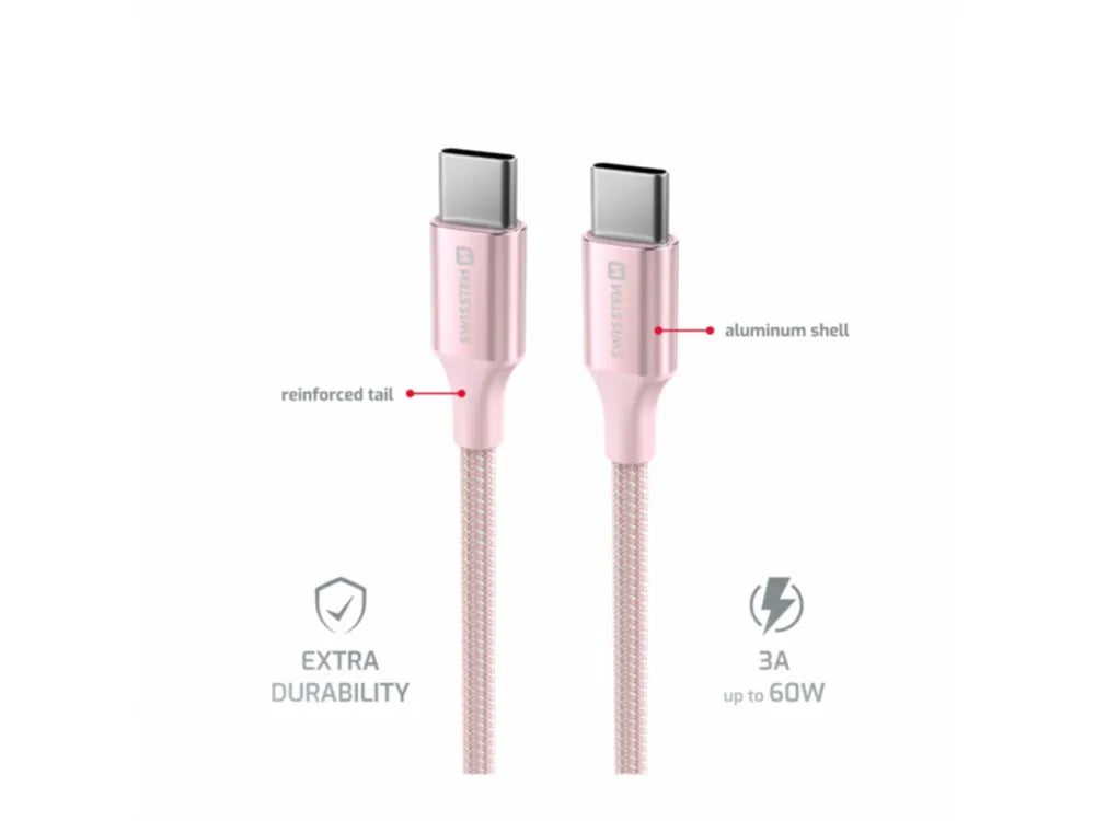 Swissten Durable Textile II USB-C to USB-C Cable 1.5m 60W – Nylon Braided, Pink – view 4