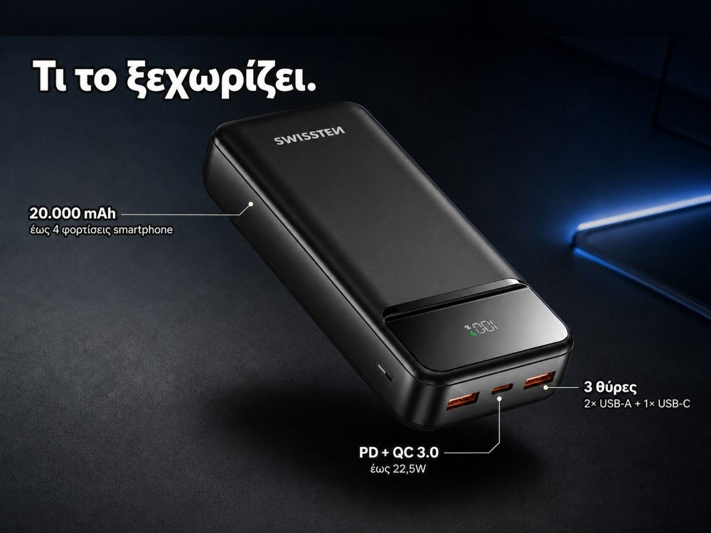 Swissten Power Line II 20000mAh 22.5W PD Power Bank – 3 Ports, LED Display, Black – view 4