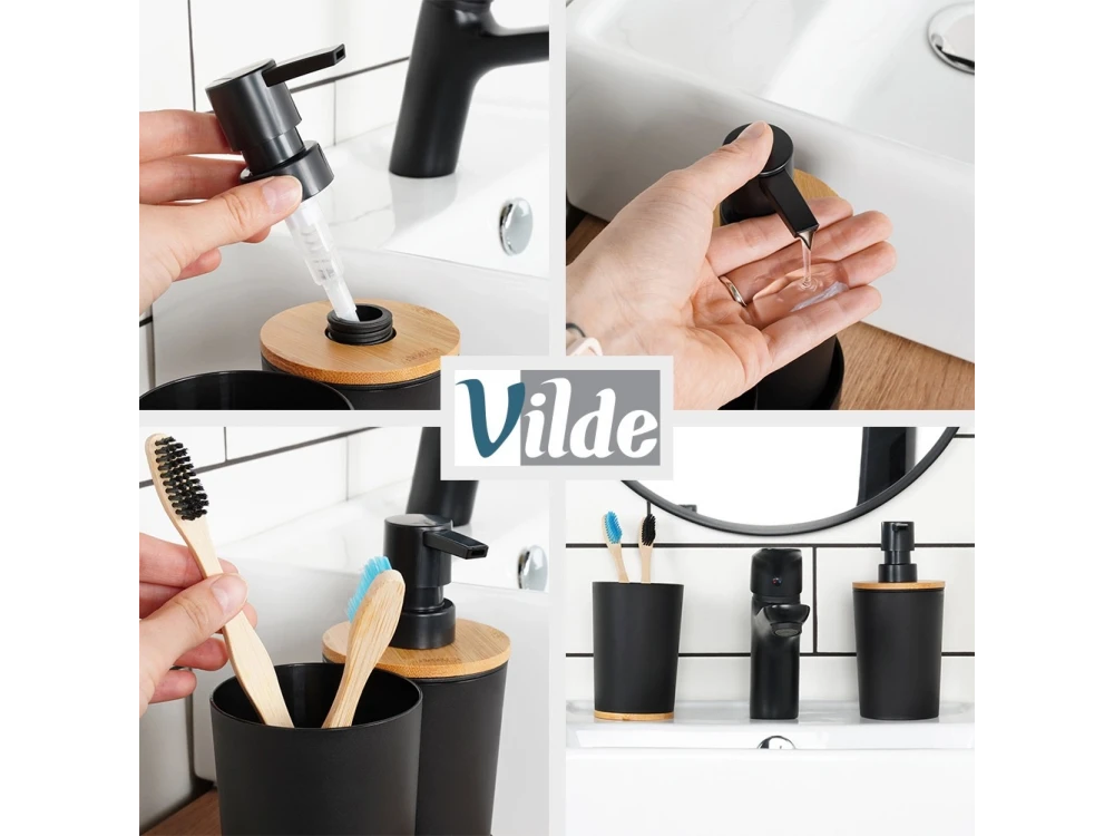 Vilde 3-Piece Bamboo Bathroom Accessory Set – Soap Dish, Toothbrush Cup, Black Finish – view 4