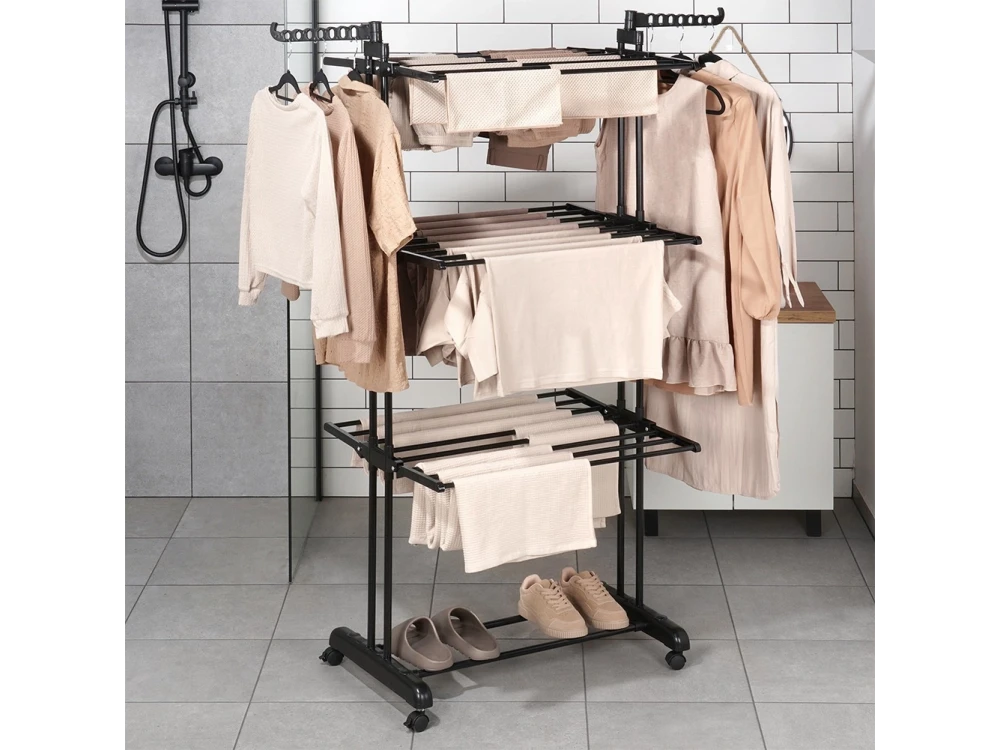 Vilde Vertical Drying Rack 3-Tier 78×64×170cm with Wheels & Hangers, Black – view 4
