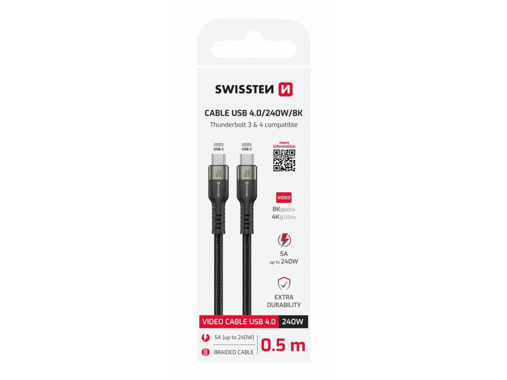 Swissten USB4.0 USB-C Cable 0.5m – 240W, 40Gbps, 8K@60Hz, Nylon Braided, Black – view 4