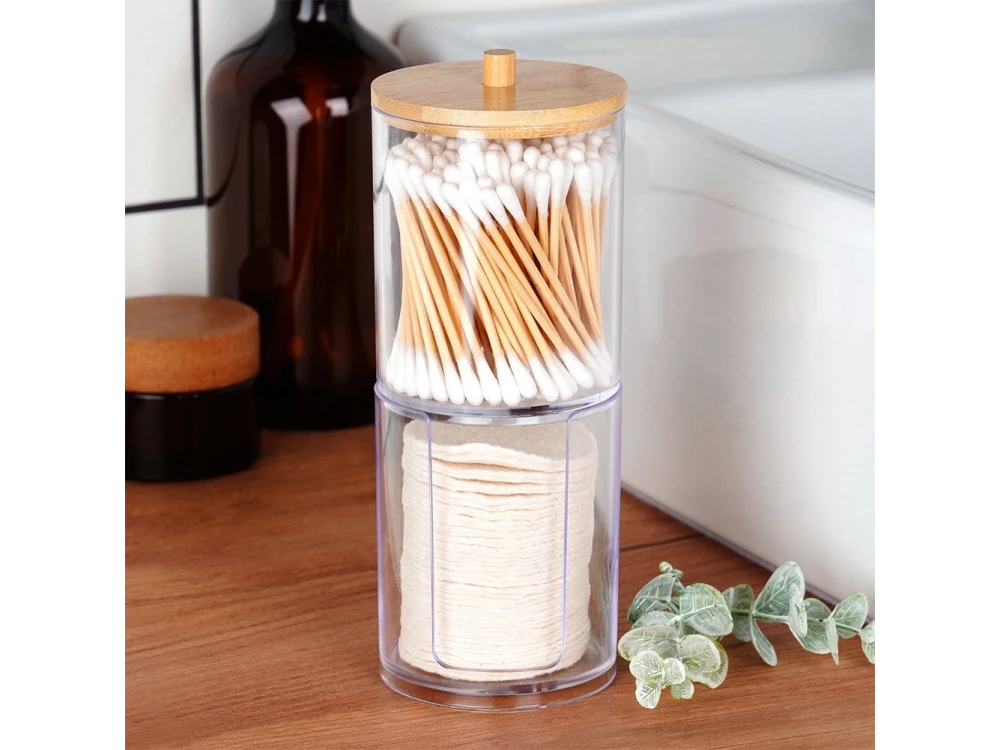 Vilde 2-Tier Cotton Swab & Pad Container with Bamboo Lid – Stackable Acrylic Organizer – view 4