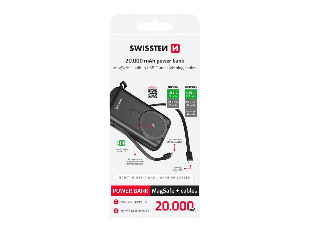 Swissten 20K Magnetic MagSafe Power Bank 20.000mAh Qi2 15W with 2 Built-in USB-C & Lightning Cables – Black – view 4