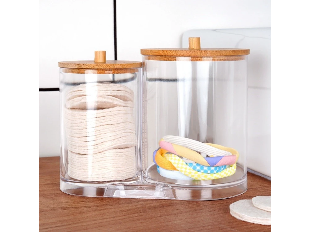 Vilde Double Cotton Swab & Pad Container with Bamboo Lids – 15×9×12.5 cm Acrylic Set – view 4