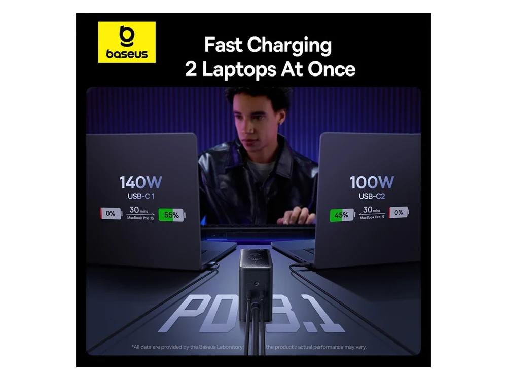 Baseus 240W GaN3 Pro Charger – PD3.1 / QC4.0 / AFC / FCP, 3x USB-C + USB-A, Black – view 4