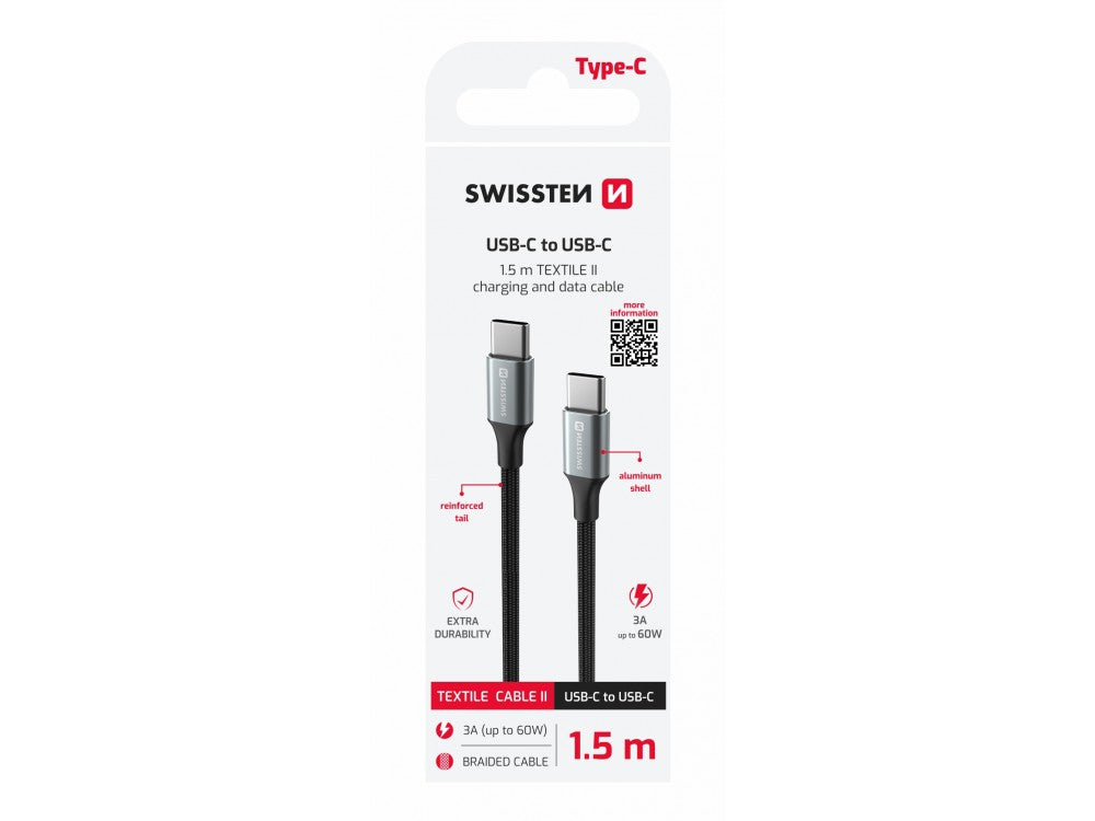 Swissten Durable Textile II USB-C to USB-C Cable 1.5m 60W – Nylon Braided, Black – view 4
