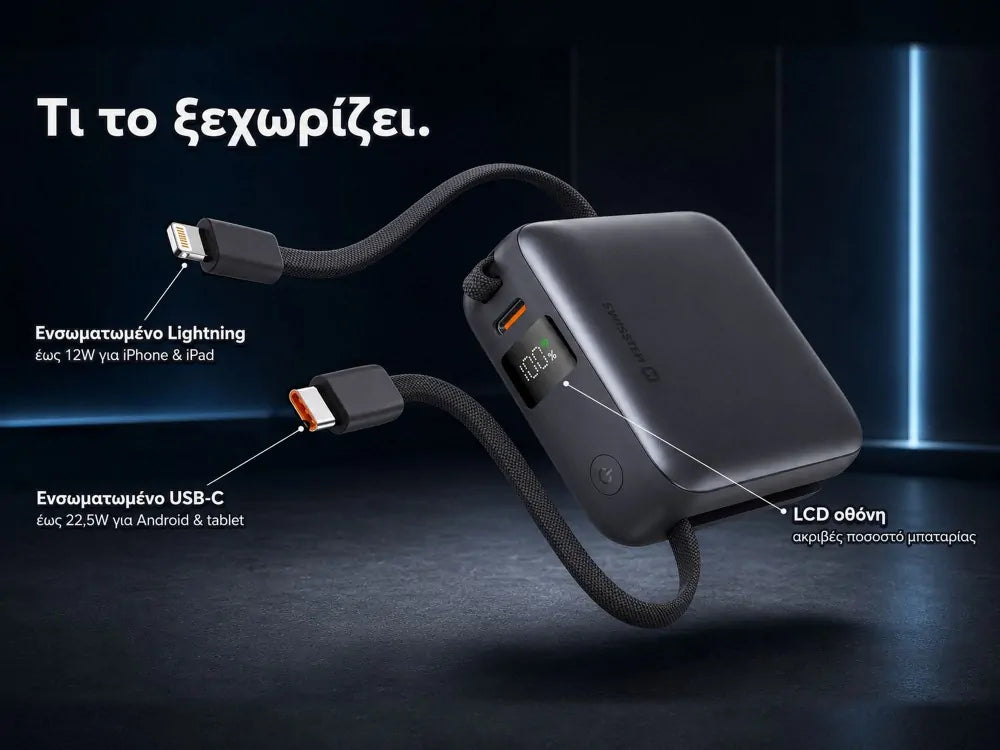 Swissten Space Power Bank 10000mAh 22.5W – Built-in USB-C & Lightning Cables, LCD, Silver – view 4